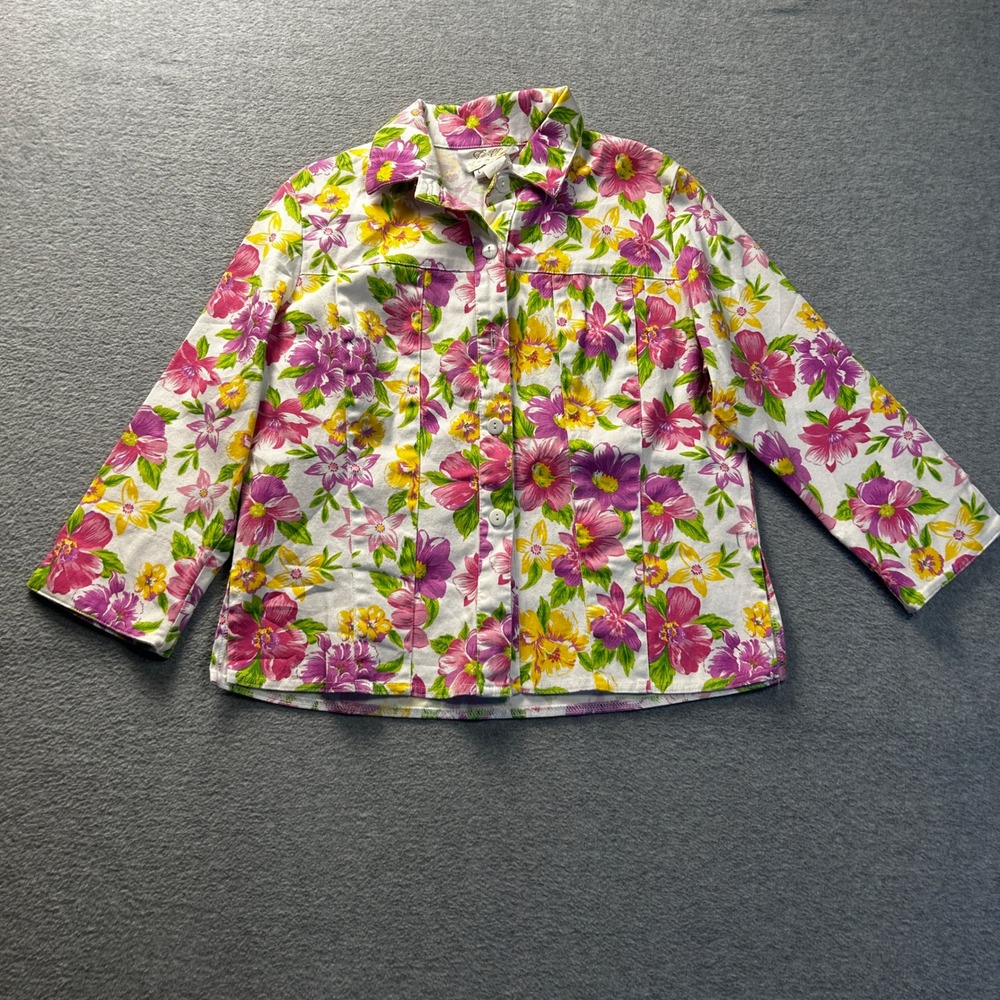 Floral Button Front Jacket Womens Large Pink Yellow Stretch Lilly of California‎